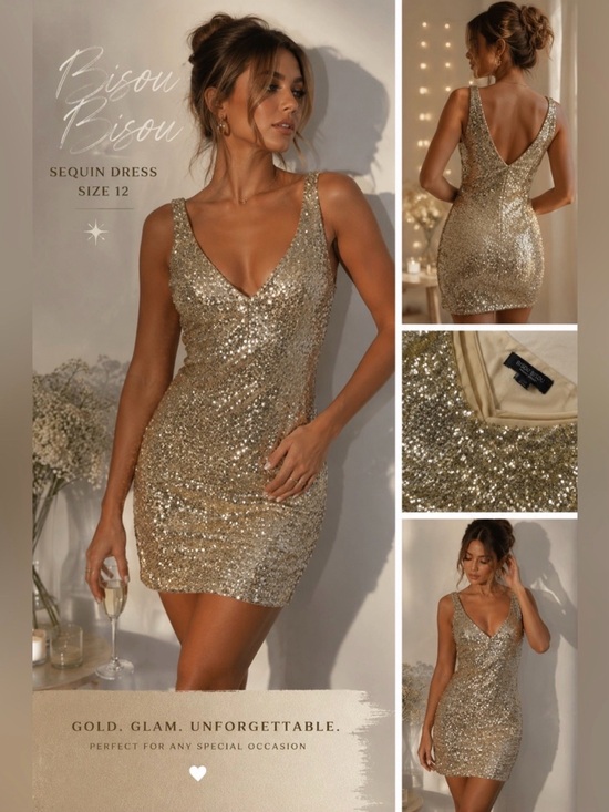 Bisou Bisou Dresses & Skirts - Bisou Bisou Gold Sequin V-Neck Mini Dress (12)